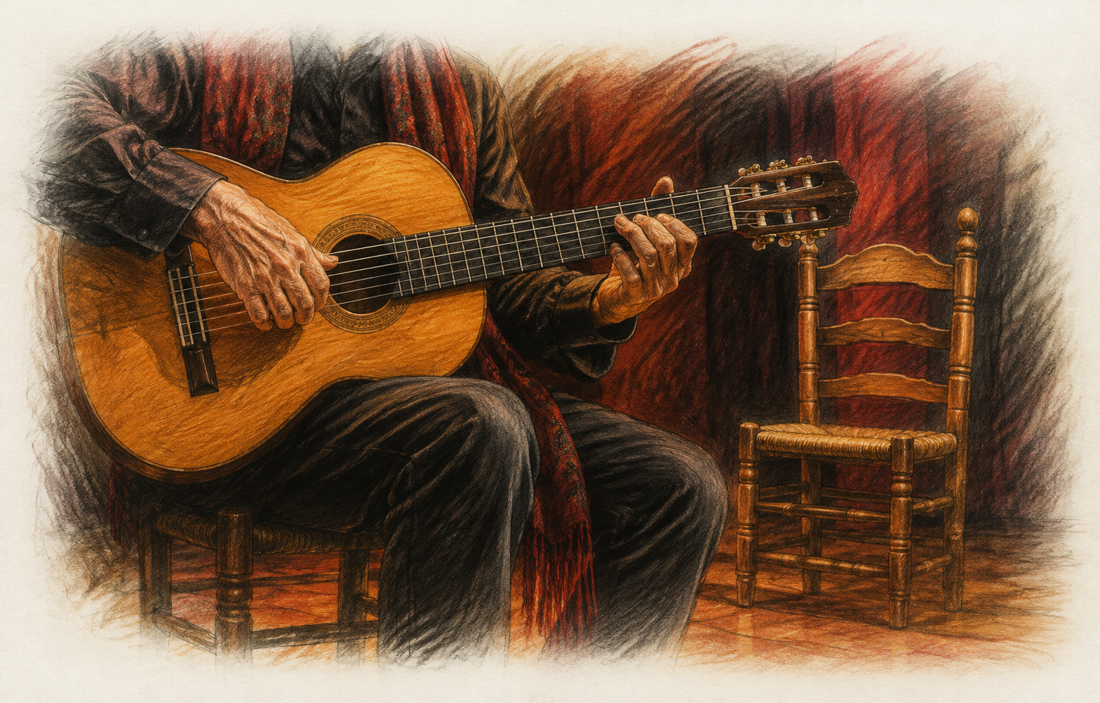 Gezeichnete Hände eines alten Flamencogitarristen an einer Gitarre, daneben ein leerer Holzstuhl.