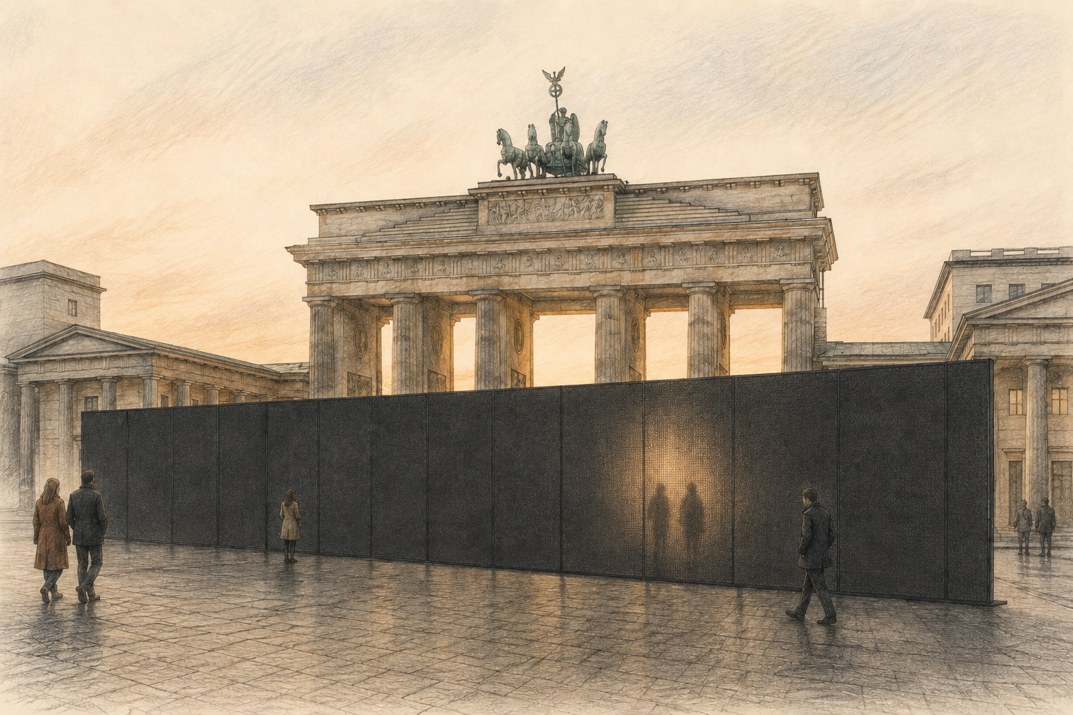 Illustration der dunklen, teilweise durchlässigen Installation „view“ vor dem Brandenburger Tor. In einem begrenzten Bereich der Wand zeichnen sich zwei Menschen schemenhaft ab.