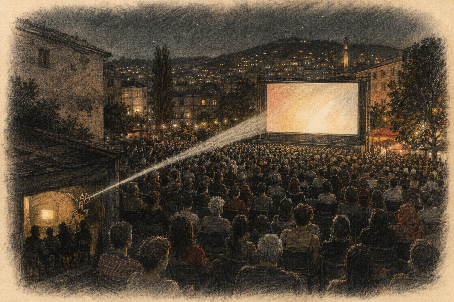 Gezeichnete nächtliche Ansicht eines voll besetzten Freiluftkinos in Sarajevo; ein Lichtstrahl verbindet ein kleines Kellerkino mit der großen Leinwand unter dem offenen Himmel.