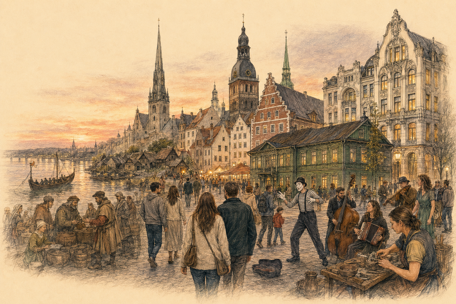 Gezeichnetes Panorama Rigas an der Daugava, in dem eine livische Siedlung, Hansehäuser, Holzbauten, Jugendstil und ein heutiges Straßenfest wie offene Zeitschichten ineinander übergehen.