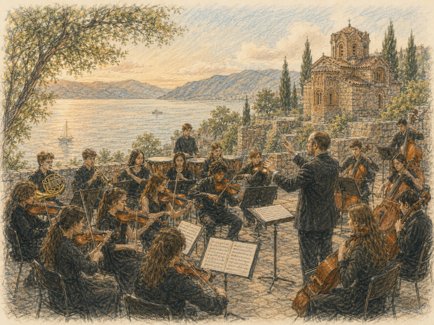Gezeichnete Szene eines jungen Orchesters am Ohridsee. Streicher, Bläser und Schlagzeuger spielen unter der Leitung eines Dirigenten; im Hintergrund liegen See, Berge und die historische Landschaft von Ohrid.