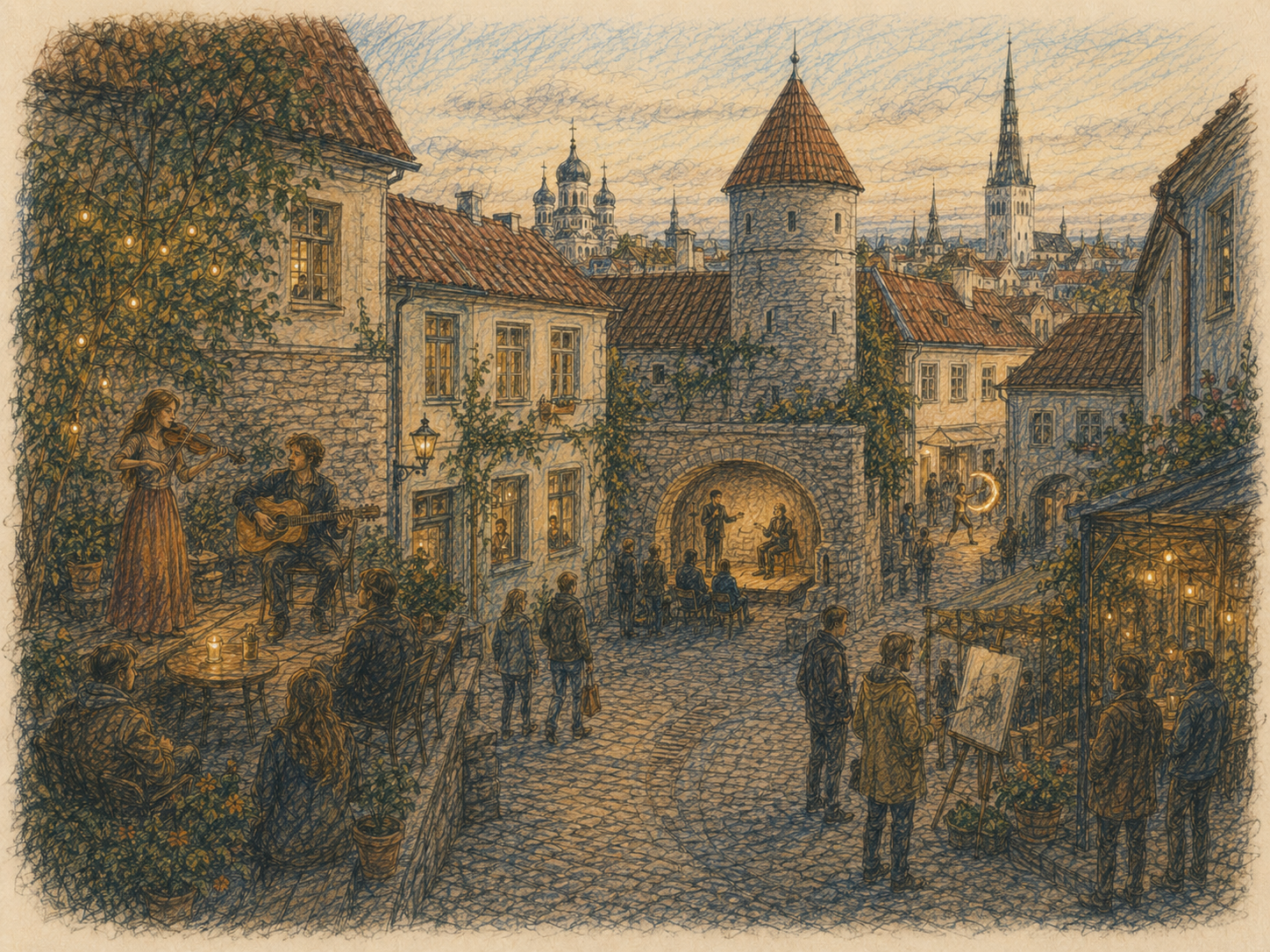 Gezeichnete Abendansicht der Tallinner Altstadt mit mehreren voneinander getrennten kleinen Kunstorten. Auf einer Terrasse spielen Musiker, unter einem Torbogen findet eine kleine Aufführung statt und an weiteren Orten beobachten Besucher unabhängige Kunst.