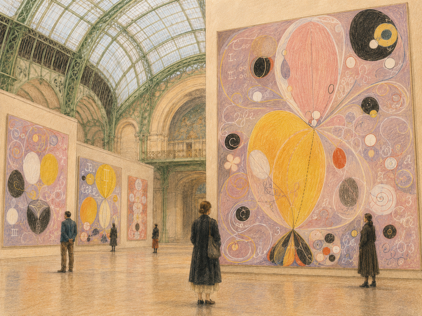 Gezeichnete Ausstellungsszene im Grand Palais in Paris. Besucher stehen vor monumentalen abstrakten Bildern mit Kreisen, Spiralen, floralen Formen und leuchtenden Farbflächen, deren Bildsprache an Hilma af Klint erinnert.