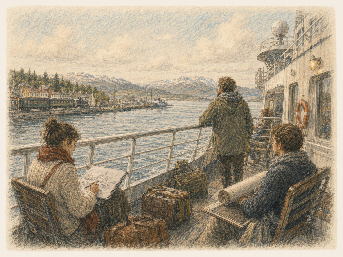Gezeichnete Szene auf dem Deck einer Fähre. Eine Künstlerin skizziert die vorbeiziehende Landschaft, andere Reisende blicken über das Wasser. Gepäck und Zeichnungen liegen bereit, während am entfernten Ufer ein Hafen, eine Bahnlinie und nordische Berge zu sehen sind.