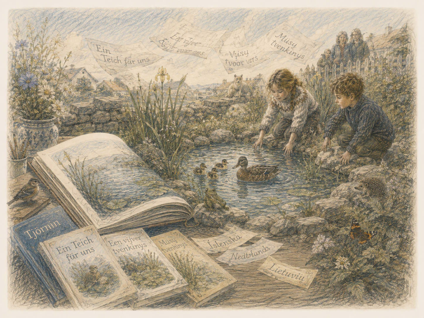 Gezeichnete Gartenlandschaft mit einem kleinen Teich, an dem zwei Kinder Tiere und Pflanzen beobachten. Im Vordergrund liegt ein geöffnetes Kinderbuch; daneben deuten mehrere Bücher und lose Sprachzettel an, dass dieselbe Geschichte in unterschiedlichen Sprachen gelesen wird.