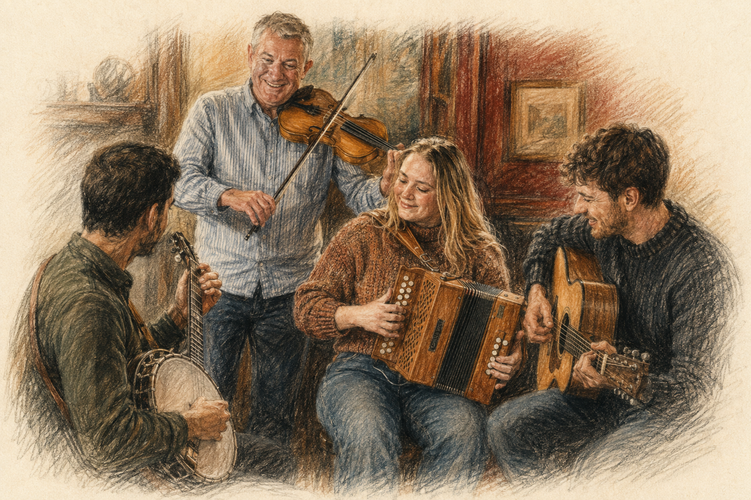 Illustration von Cathal Hayden, der mit seiner Fiddle in einer kleinen Runde mit Banjo-, Akkordeon- und Gitarrenspielern musiziert.