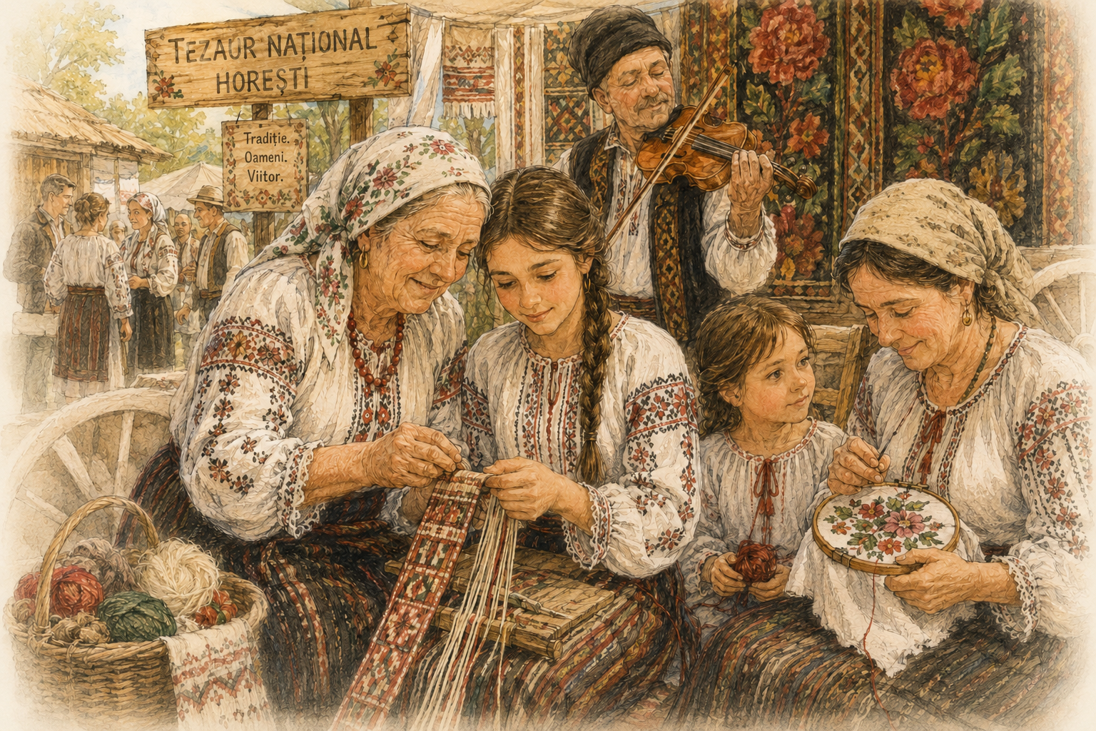 Beim Festival Tezaur Național in Horești zeigt eine ältere Frau einem Mädchen traditionelle Webarbeit. Daneben wird gestickt, ein Kind hält Garn und ein Musiker spielt Geige.