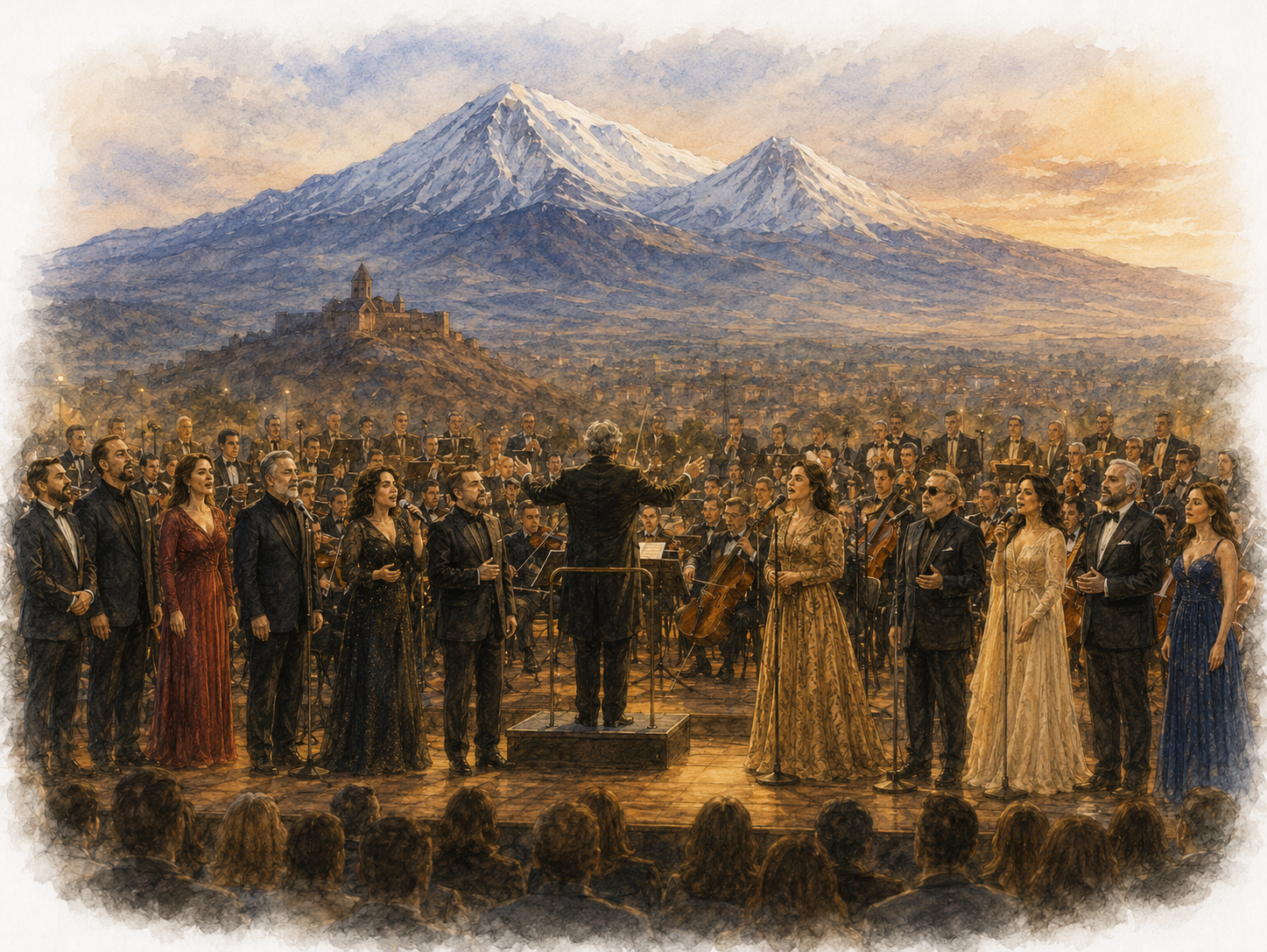 Großes Symphonieorchester mit Dirigent und zahlreichen Sängerinnen und Sängern vor einer symbolischen Darstellung des Ararat.