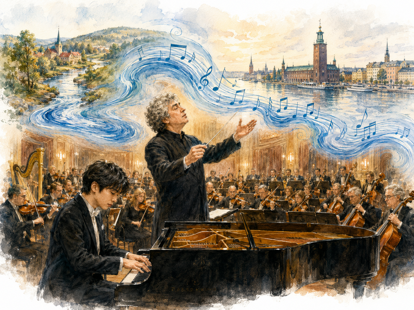 Ein Pianist am Flügel und ein Dirigent vor einem großen Symphonieorchester, darüber verwandelt sich ein blauer Fluss zwischen böhmischer Landschaft und Stockholm in Musik.