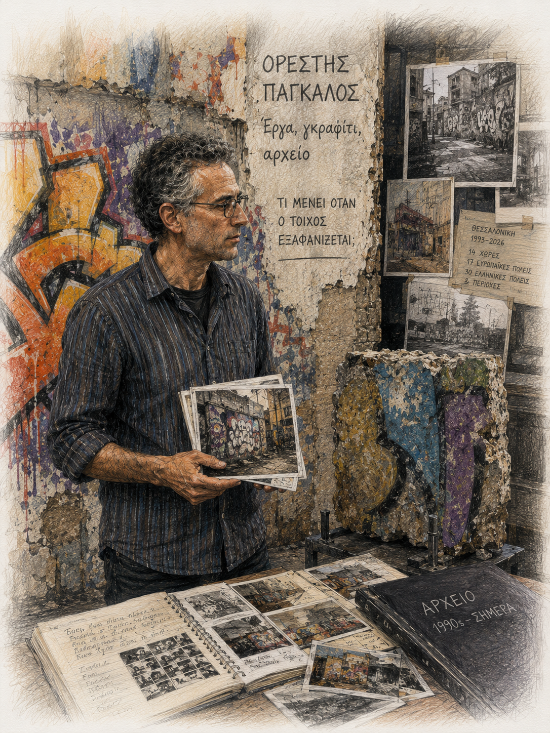 Illustration von Orestis Pangalos vor einer teilweise übermalten Graffiti-Wand in Thessaloniki. Er hält Fotografien in den Händen; daneben liegen Archivmaterial und herausgelöste bemalte Mauerfragmente.