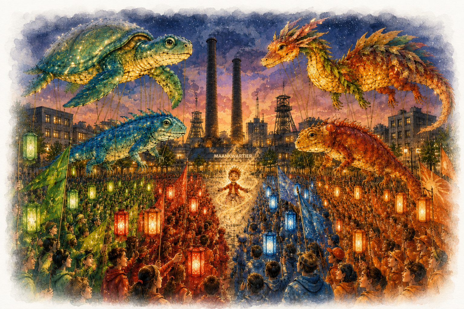 Illustration der Eröffnung von Cultura Nova in Heerlen: Vier farbig gekennzeichnete Menschengruppen ziehen mit Laternen und Fahnen aufeinander zu. Über ihnen schweben eine riesige Schildkröte, ein Drache und zwei Echsenfiguren; in der Mitte erscheint YUNI, während im Hintergrund die industrielle Vergangenheit Heerlens angedeutet ist.