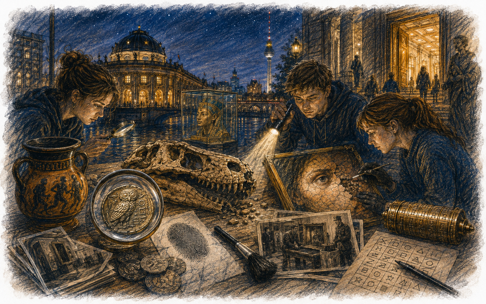 Illustration zur Langen Nacht der Museen in Berlin: Vor nächtlichen Museumsgebäuden liegen wie auf einem Ermittlertisch eine Münze unter der Lupe, ein untersuchtes Gemälde, Fingerabdrücke, ein Fossilienschädel mit markierter Bissspur, Ermittlungsnotizen, ein Phantombild und historische Dokumente.