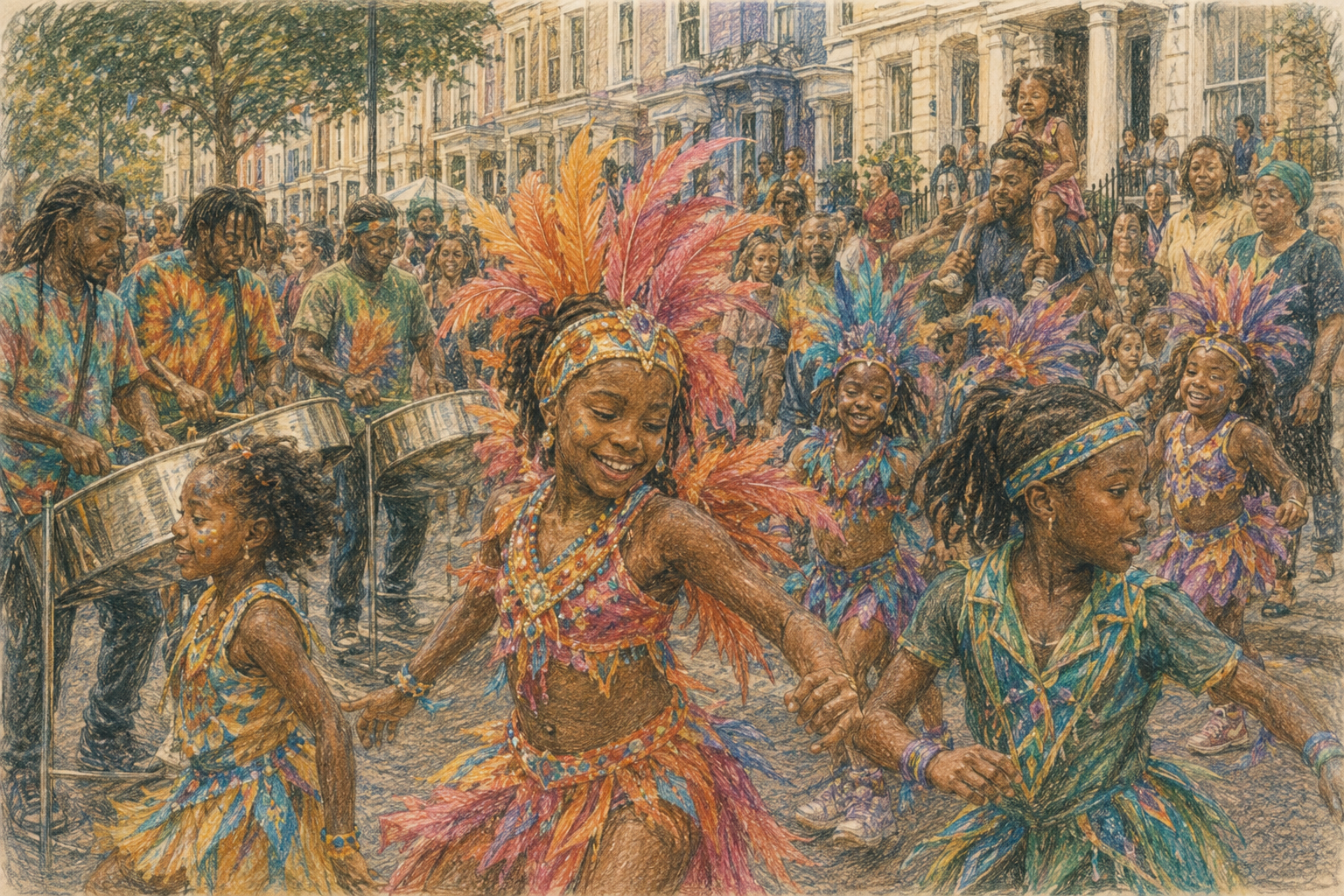 Gezeichnete Straßenszene beim Children’s Day des Notting Hill Carnival: Kinder tanzen in farbenprächtigen Karnevalskostümen durch die Straßen, während junge Musiker Steelpans spielen und Familien am Straßenrand zuschauen.