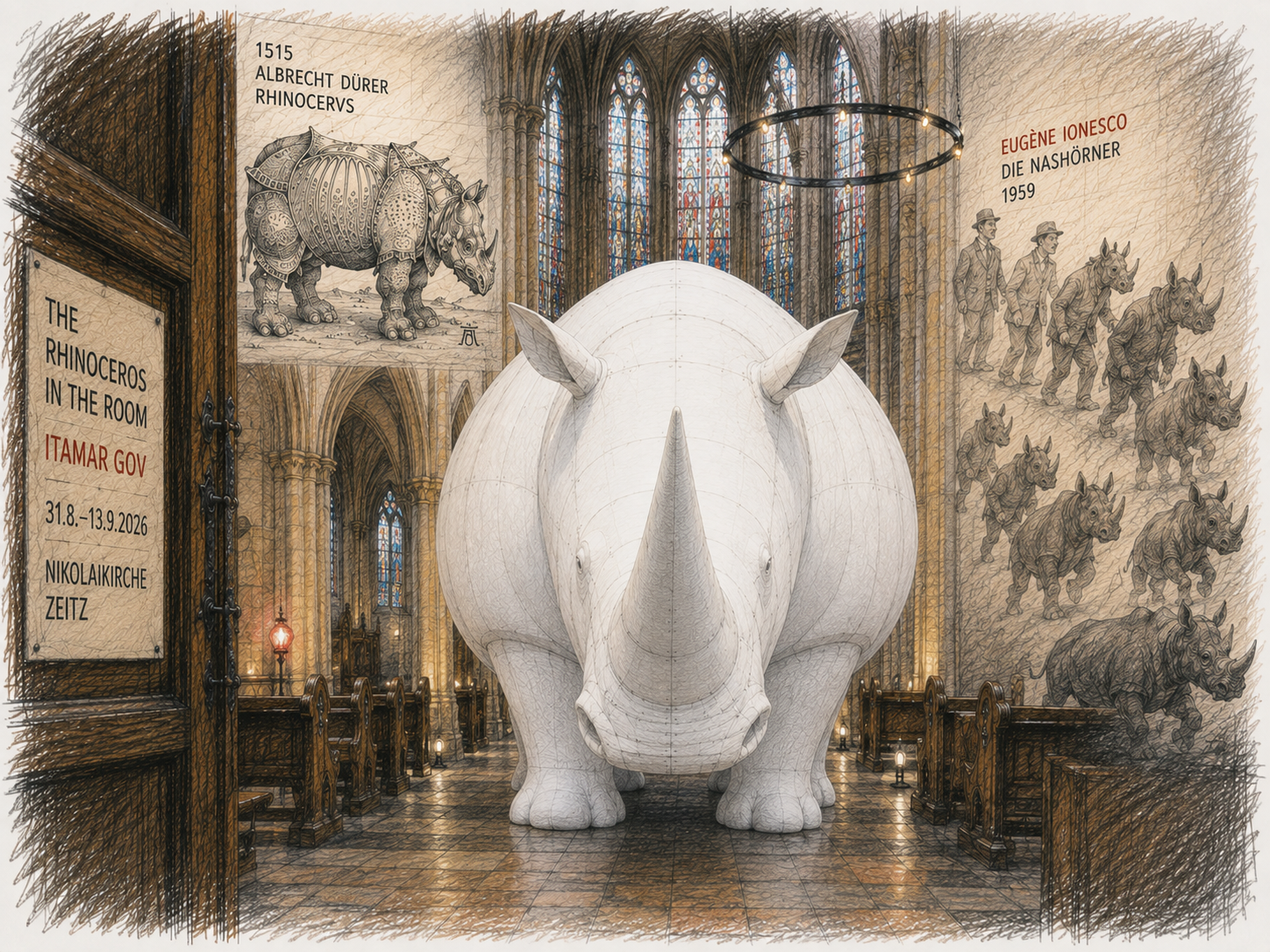 Gezeichnete Ansicht der Nikolaikirche in Zeitz mit einem riesigen weißen Nashorn, das frontal den Mittelgang versperrt. Links ist Albrecht Dürers Nashorn zu sehen, rechts verwandeln sich menschliche Figuren nach und nach in Nashörner.