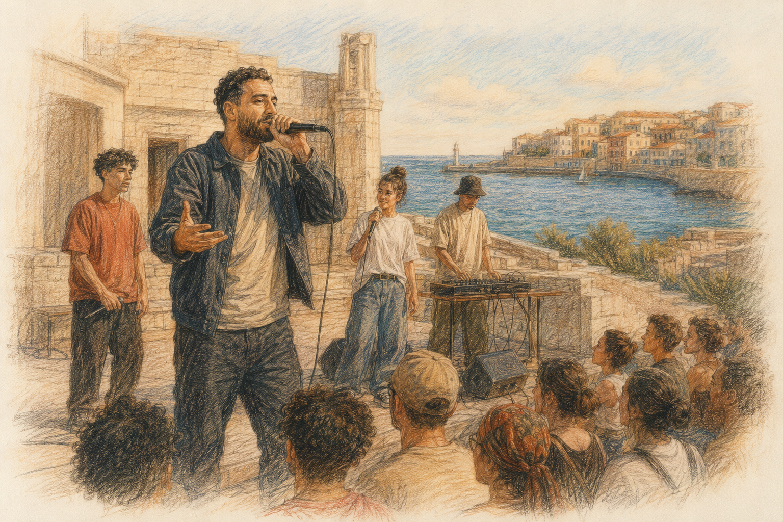 Illustration eines Rappers mit Mikrofon auf einer kleinen Freiluftbühne in Sète; neben ihm treten junge Musiker auf, dahinter sind Mittelmeer und Küste zu sehen.