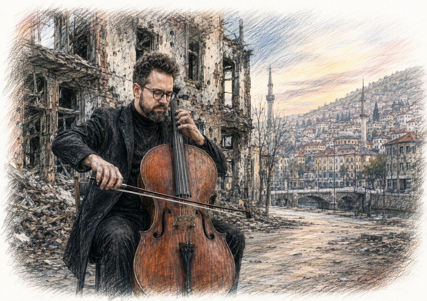 Gezeichnetes Porträt von Denys Karachevtsev mit Cello vor zerstörter Stadtkulisse; im Hintergrund geht die Szene in die Hänge und Häuser Sarajevos über.