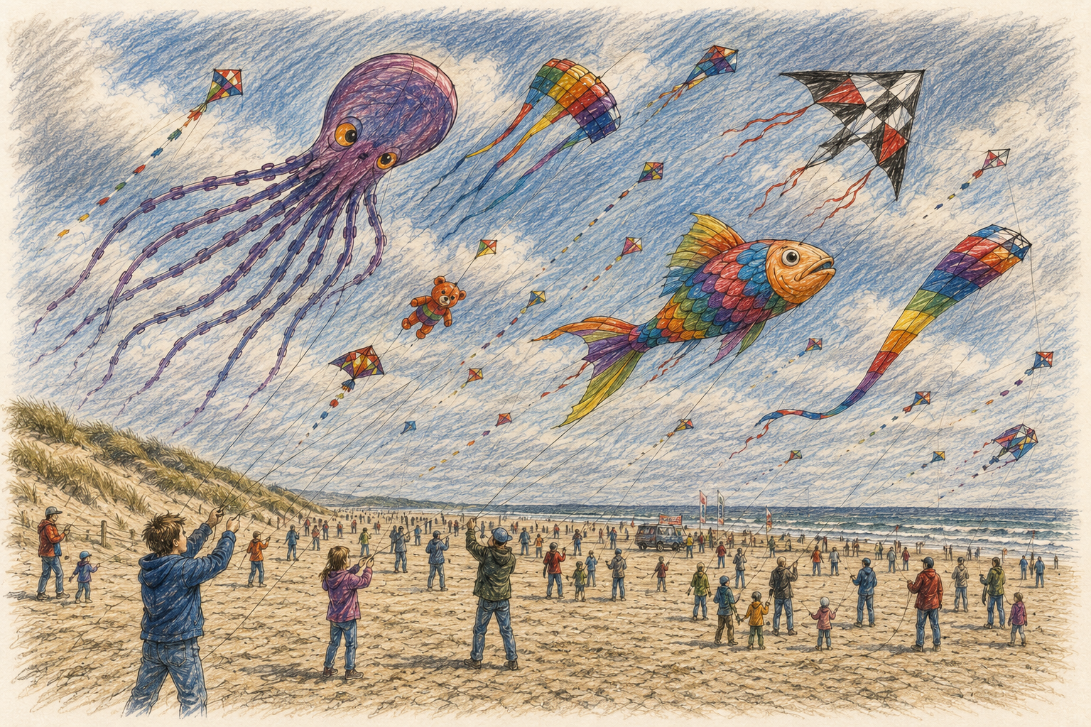 Gezeichneter weiter Strand von Rømø mit zahlreichen farbenfrohen Drachen am Himmel und Besuchern im Sand.