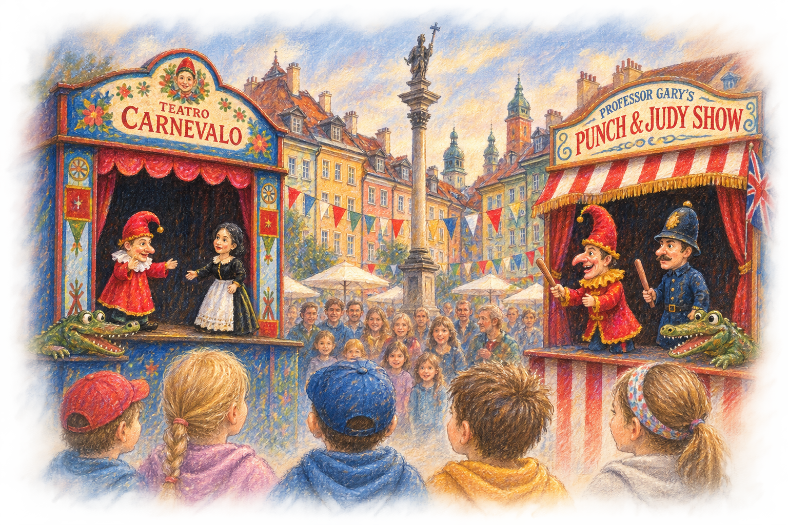 Gezeichnete Straßentheaterszene auf einem Warschauer Platz mit zwei Handpuppenbühnen, Gašparko, Punch, Polizisten, Krokodilen und Publikum.