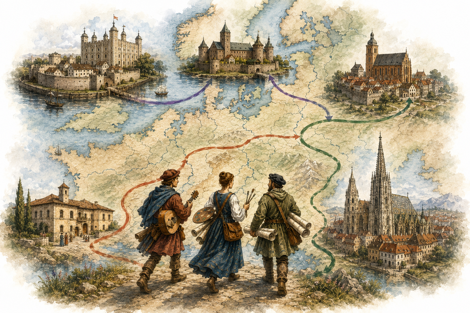 Sprachneutrale historische Europa-Illustration mit Reisenden aus Musik, Malerei und Baukunst, die auf geschwungenen Wegen zwischen europäischen Regionen und historischen Bauwerken unterwegs sind.
