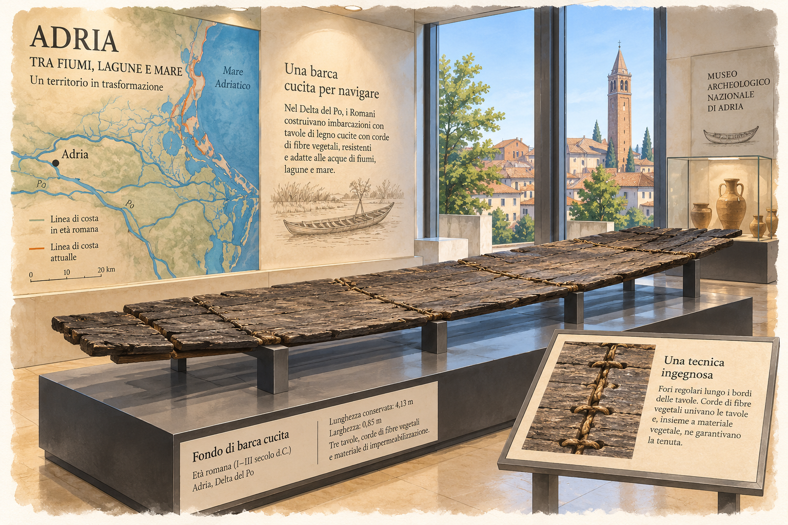 Illustration eines römischen genähten Boots im Archäologischen Nationalmuseum von Adria. Der erhaltene flache Bootsboden liegt auf einer Ausstellungskonstruktion; durch ein Fenster ist der Kirchturm von Santa Maria Assunta della Tomba zu sehen.