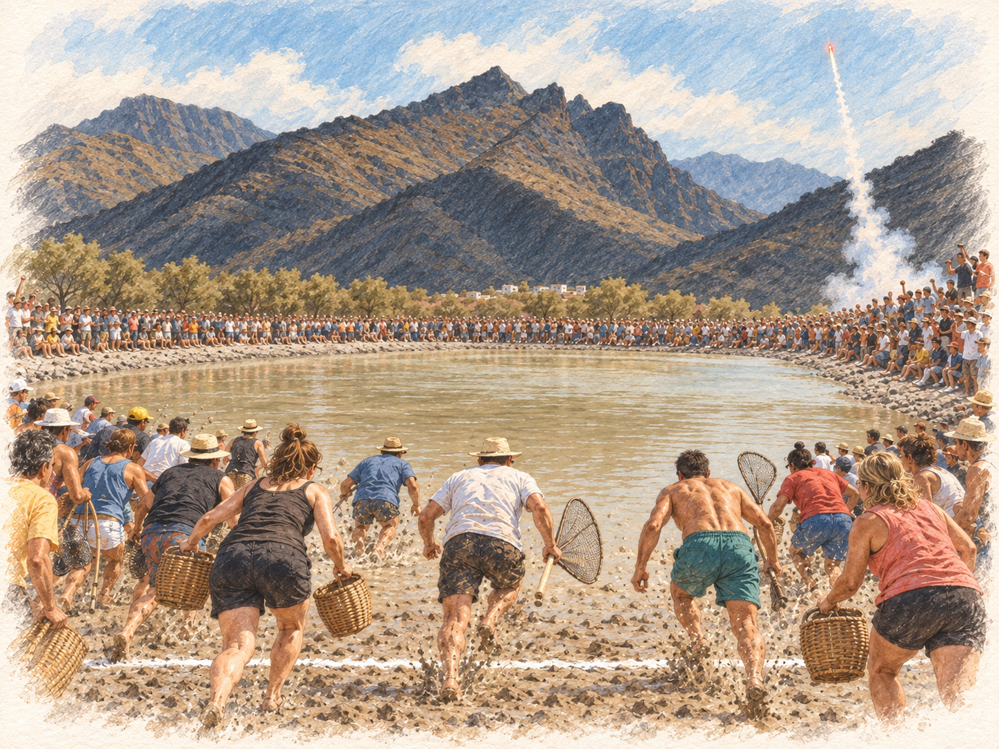 Illustration des Día del Charco in La Aldea de San Nicolás auf Gran Canaria: Eine große Menschenmenge läuft mit Körben und Handkeschern über eine weiße Kalklinie in einen flachen, schlammigen Küstentümpel. Im Hintergrund ragen die dunklen Berge auf, während eine Feuerwerksrakete das Startsignal gibt.