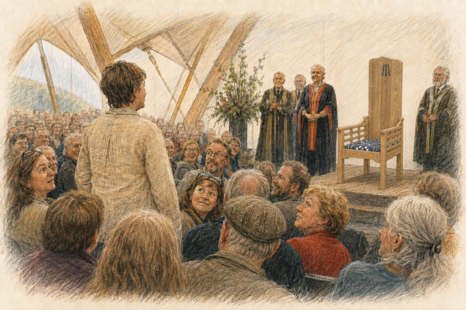 Illustration der Chairing Ceremony beim Eisteddfod: Eine Person erhebt sich aus dem Publikum, während rechts der hohe, noch leere hölzerne Dichterstuhl wartet.