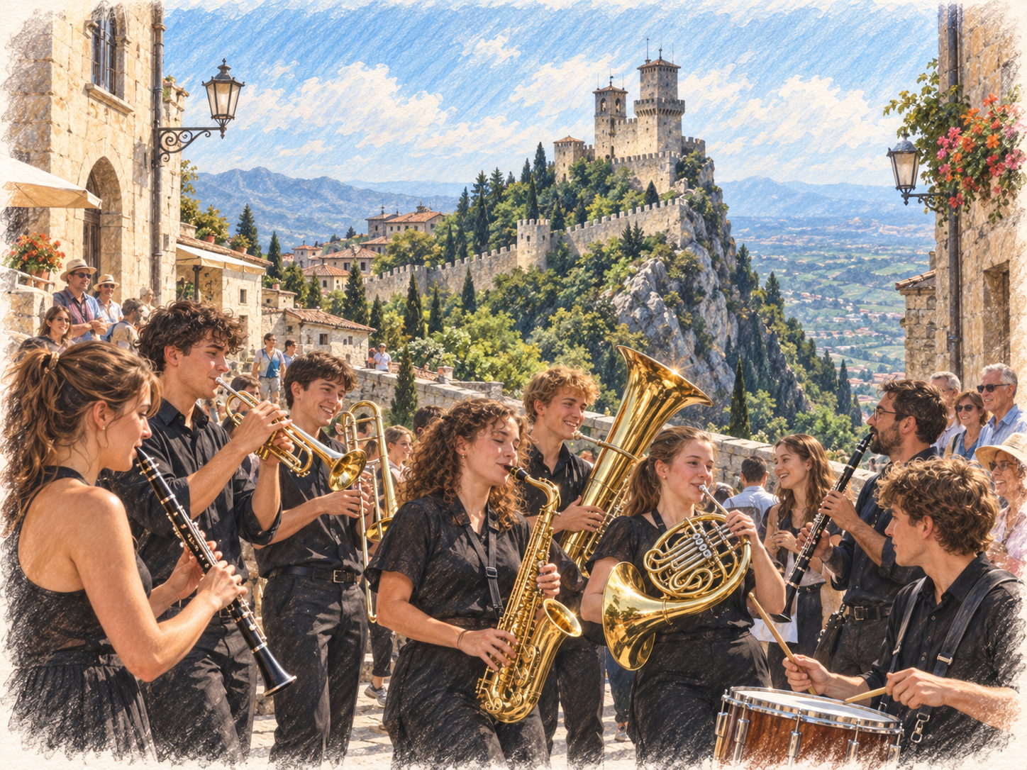 Illustration des Musikfest Adriatica in San Marino: Eine Gruppe junger Musikerinnen und Musiker spielt mit Klarinetten, Trompeten, Hörnern, Saxofon, Tuba und Trommel in der historischen Altstadt. Im Hintergrund erhebt sich der Monte Titano mit den Festungstürmen über der Landschaft.