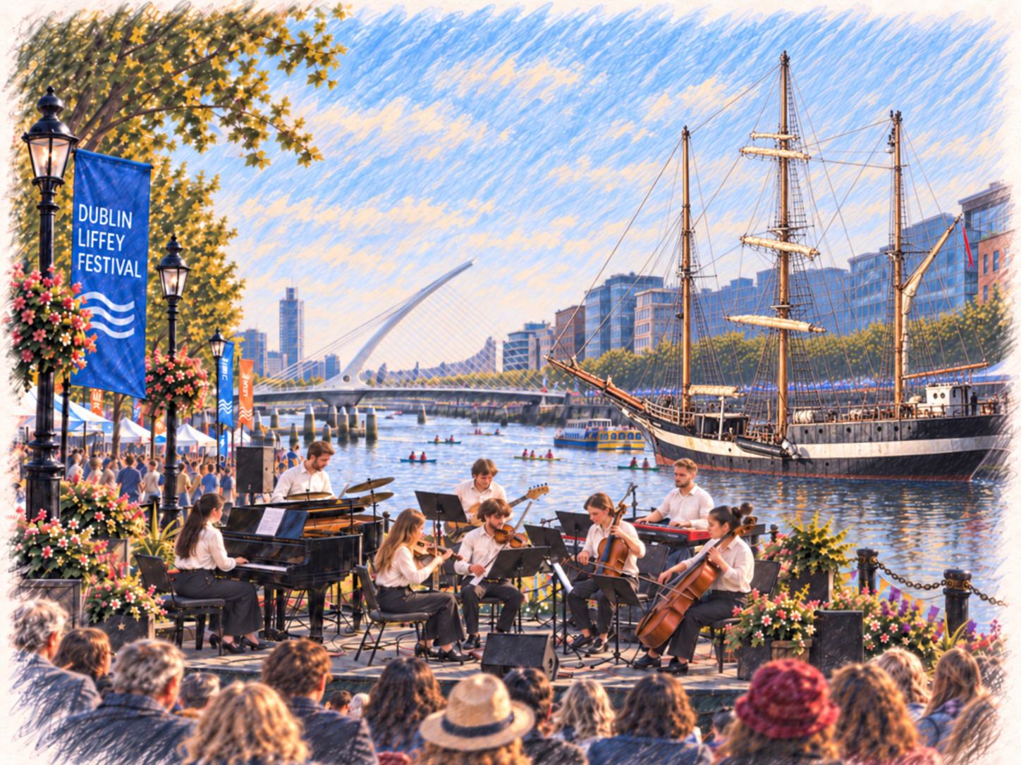 Illustration des Liffey Festival in Dublin: Ein achtköpfiges Ensemble spielt am Flussufer vor Publikum. Rechts liegt der Dreimaster Pelican of London an der Liffey; im Hintergrund sind die Samuel Beckett Bridge und die Docklands zu sehen.