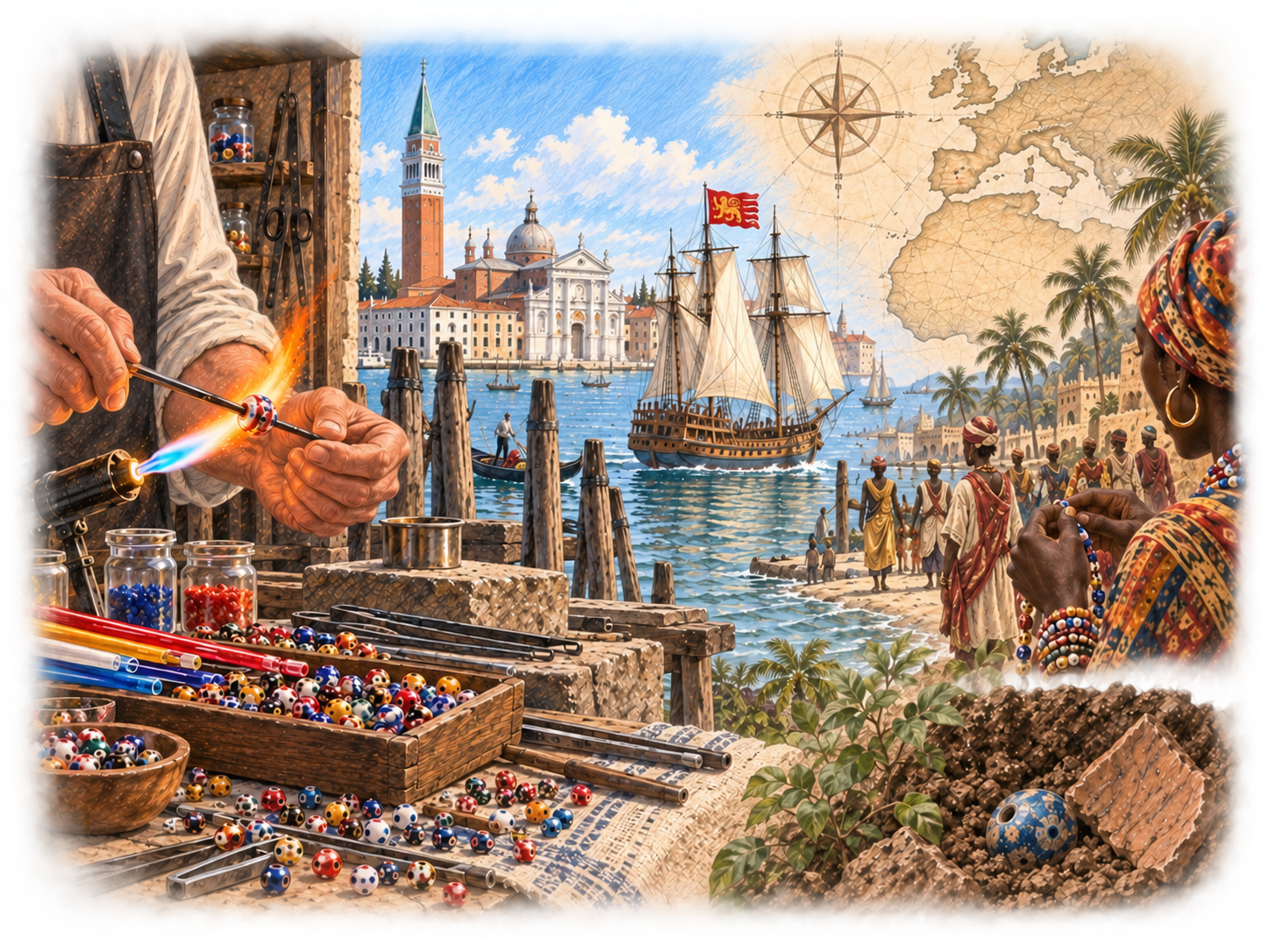 Illustration zur Reise venezianischer Glasperlen: Links fertigt ein Glasbläser kleine bunte Perlen über einer Flamme, dahinter liegen Venedig und ein historisches Segelschiff. Rechts verarbeitet eine Frau in Westafrika Perlen zu Schmuck; im Vordergrund liegt eine einzelne Perle als archäologischer Fund im Erdreich.