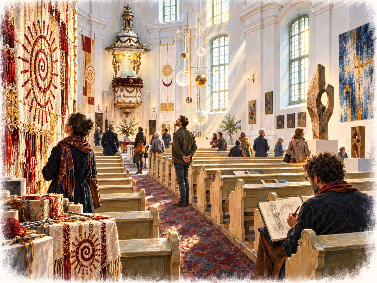 Illustrative Darstellung der Ausstellung „Sacralitate în arta contemporană“ in der reformiert-calvinistischen Kirche in Sibiu; der Raum ist am realen Ort orientiert, die Kunstwerke sind frei gestaltet.