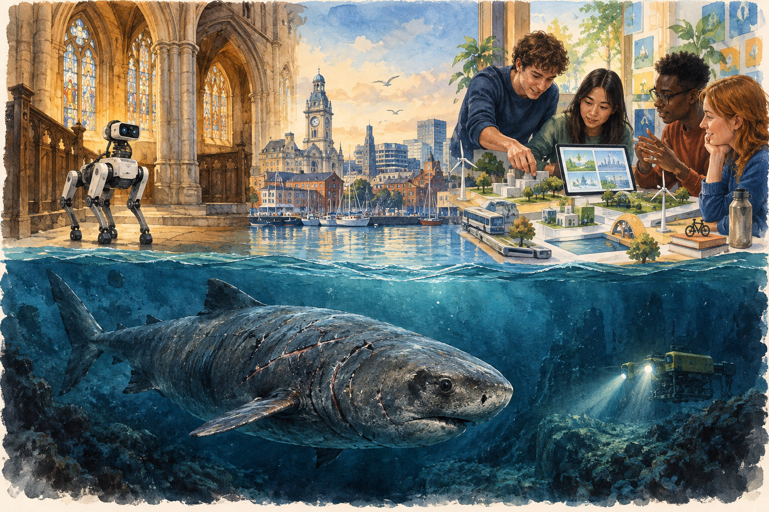 Illustration zum British Science Festival in Southampton: ein Roboter in einer historischen Kirche, junge Menschen beim Entwerfen einer KI-Zukunft und ein alter, vernarbter Tiefseehai.