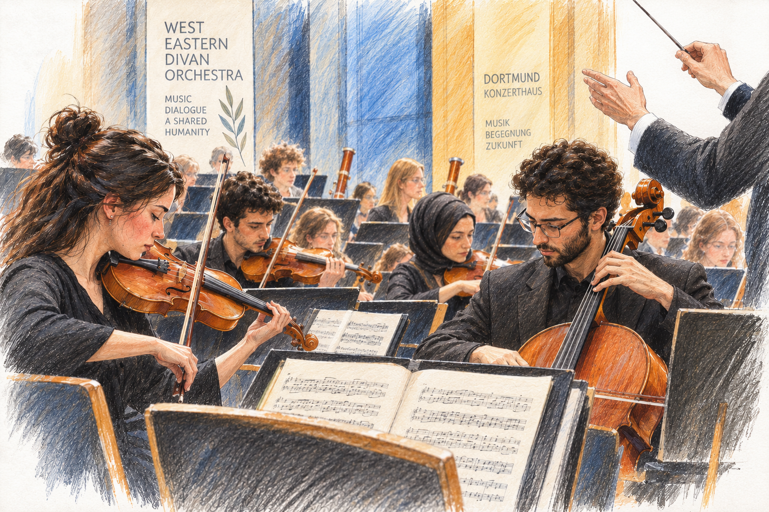 Illustration eines vielfältig besetzten Orchesters beim gemeinsamen Musizieren; im Vordergrund spielen eine Geigerin und ein Cellist, während der Dirigent den Einsatz gibt.