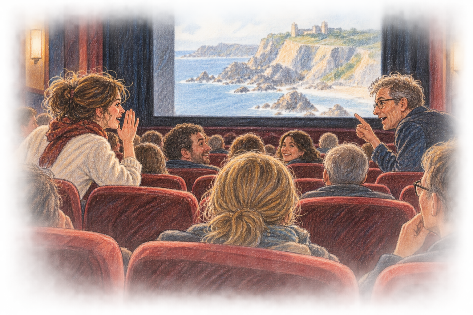 Illustration eines Kinosaals auf Jersey: Zwei Zuschauer rufen sich über mehrere Sitzreihen hinweg etwas zu, während andere lächelnd reagieren; auf der Leinwand ist eine Küstenlandschaft zu sehen.