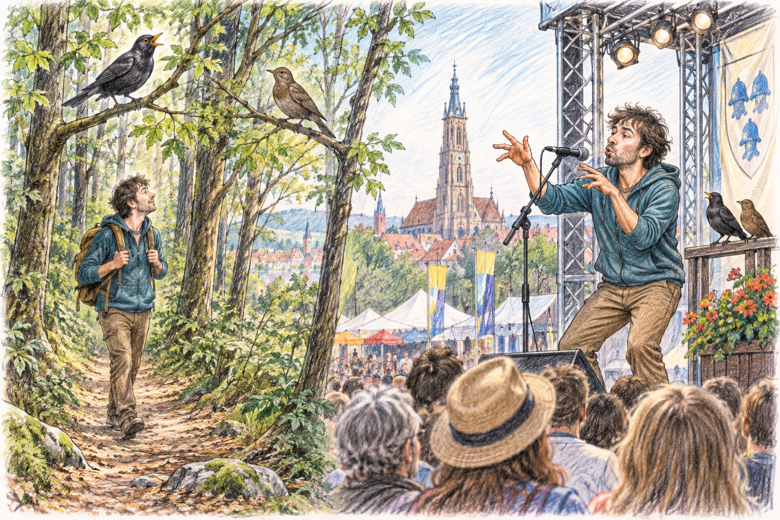 Farbige Stiftzeichnung: Links geht ein Mann allein durch einen Wald und blickt zu zwei Amseln hinauf; rechts steht derselbe Mann auf einer Landshuter Festivalbühne und imitiert Vogelstimmen vor Publikum.