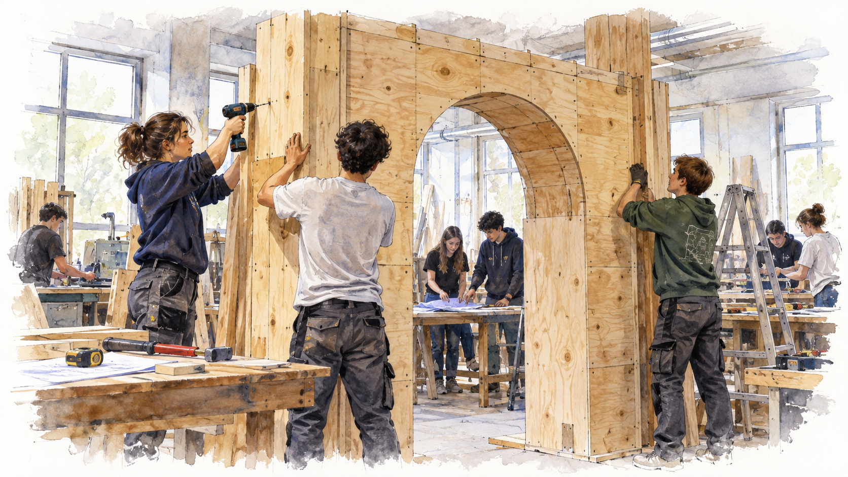 Illustration einer Werkstatt: Jugendliche arbeiten gemeinsam an einer großen Holzkonstruktion mit einem hohen Rundbogen; einige halten und verschrauben Bauteile, andere arbeiten an Werkbänken und Plänen.