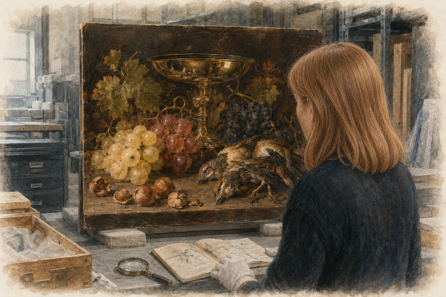 Illustration einer möglichen Museumsszene: Eine Frau mit schulterlangem rötlich-braunem Haar betrachtet in einem Depot ein Stillleben mit Trauben, Haselnüssen, kleinen toten Vögeln und einer goldenen Schale.