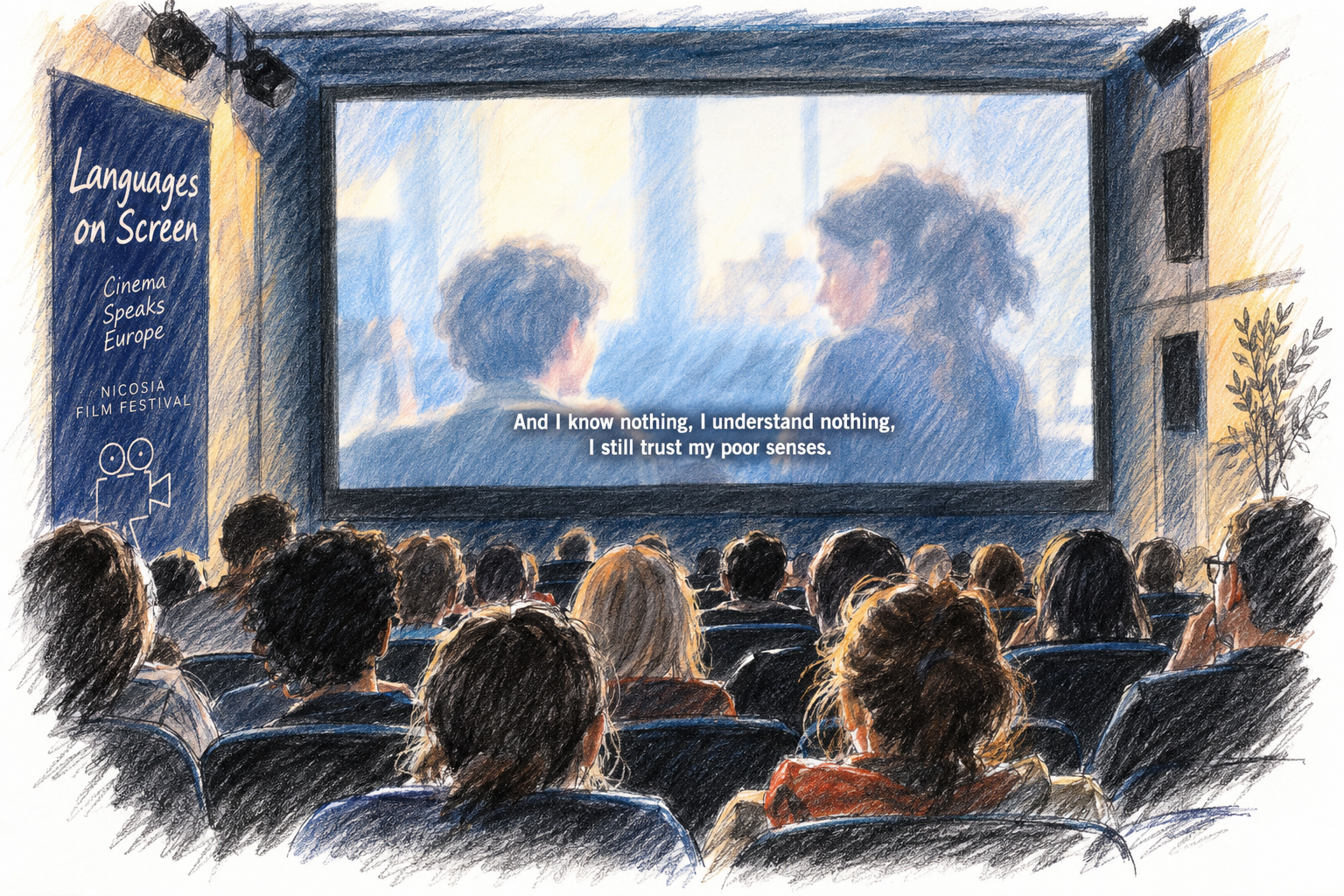 Gezeichneter Kinosaal mit Publikum vor einer Filmleinwand mit englischen Untertiteln.