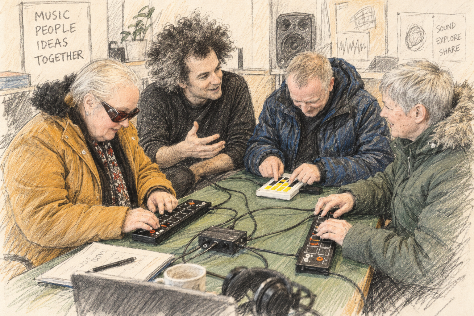 Buntstiftzeichnung: Vier Menschen sitzen gemeinsam an einem Tisch und erproben verschiedene elektronische Musikcontroller. Drei von ihnen bedienen die Geräte, während Rian Treanor mit ihnen im Gespräch ist.