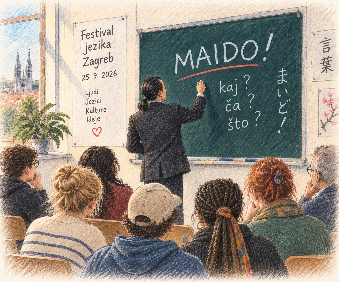 Farbstiftillustration eines Sprachworkshops in Zagreb. Ein Dozent schreibt „MAIDO!“ sowie kaj, ča und što an die Tafel, während ein bunt gemischtes Publikum zusieht.
