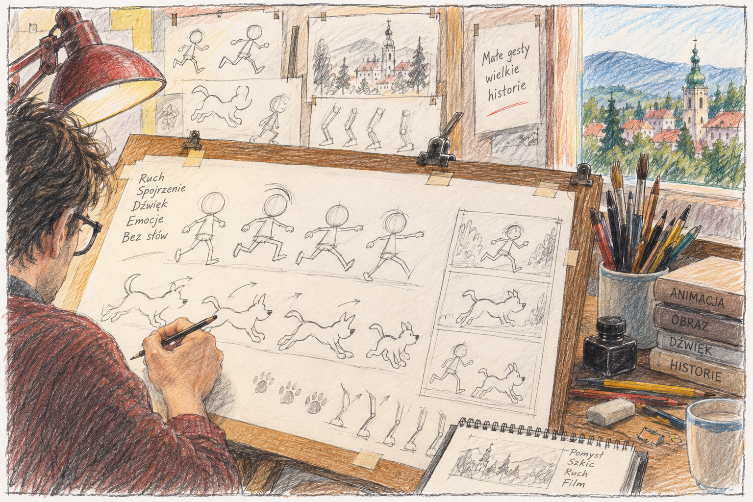 Farbstift- und Bleistiftillustration eines Animators am Zeichentisch. Auf den Blättern sind einfache Haltungs- und Bewegungsstudien eines laufenden Kindes und eines Hundes zu sehen; im Hintergrund liegen weitere Skizzen, Stifte und Filmrollen.