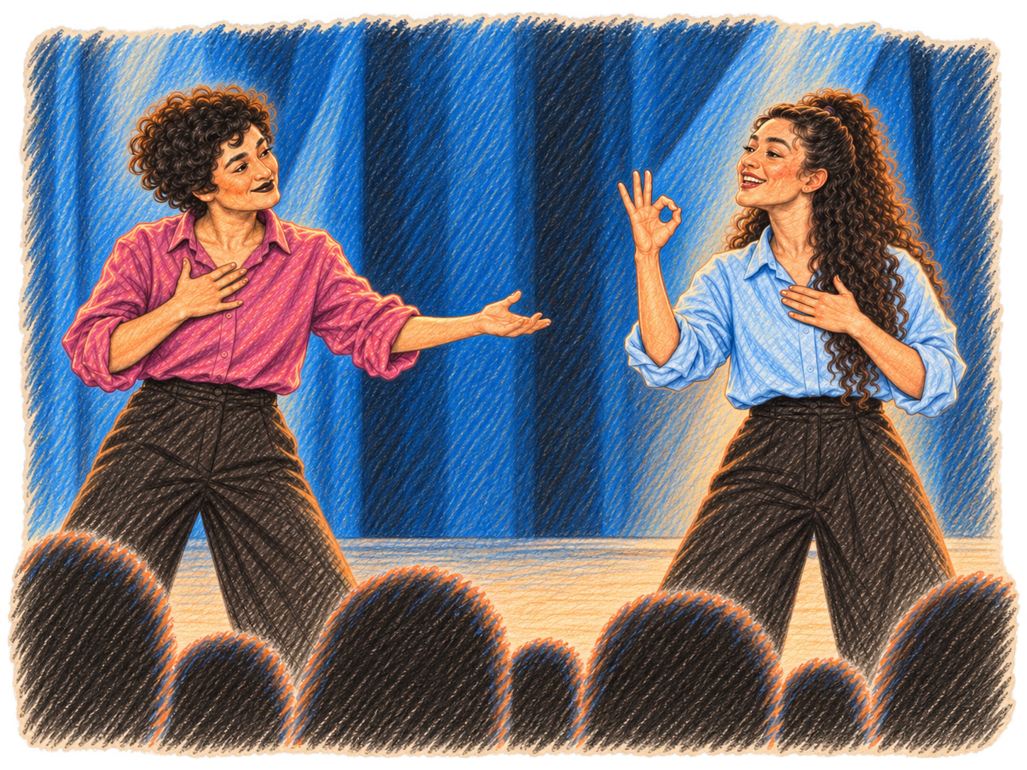 Farbstiftillustration von Amina und Jamila Ouahid auf einer Bühne. Die beiden stehen sich gegenüber und kommunizieren mit Händen, Gesicht und Körperhaltung; im Vordergrund sind die dunklen Silhouetten des Publikums zu sehen.