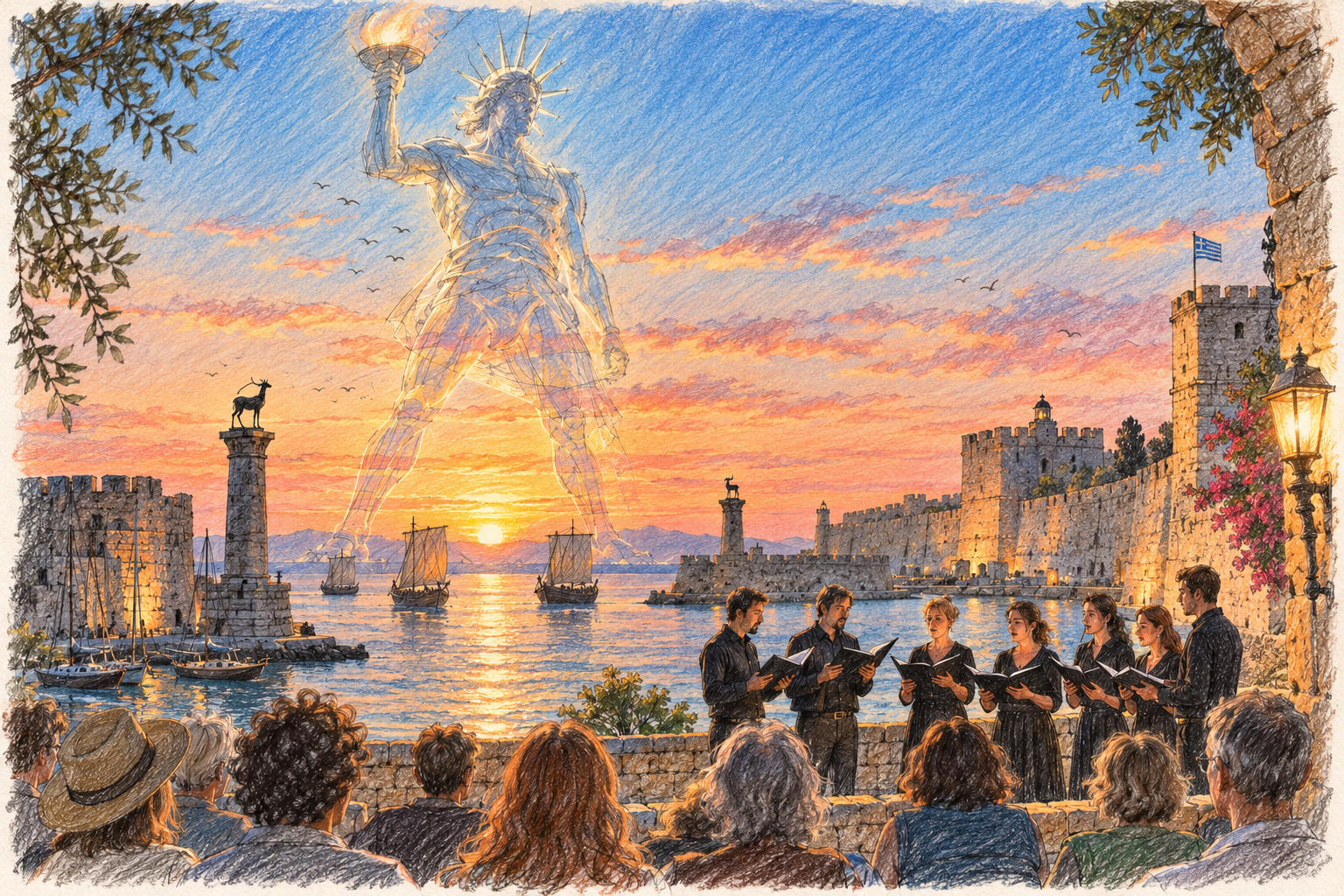Ein Chor singt am Hafen von Rhodos bei Sonnenuntergang; über der Hafeneinfahrt erscheint der Koloss als transparente, gezeichnete Vorstellung.