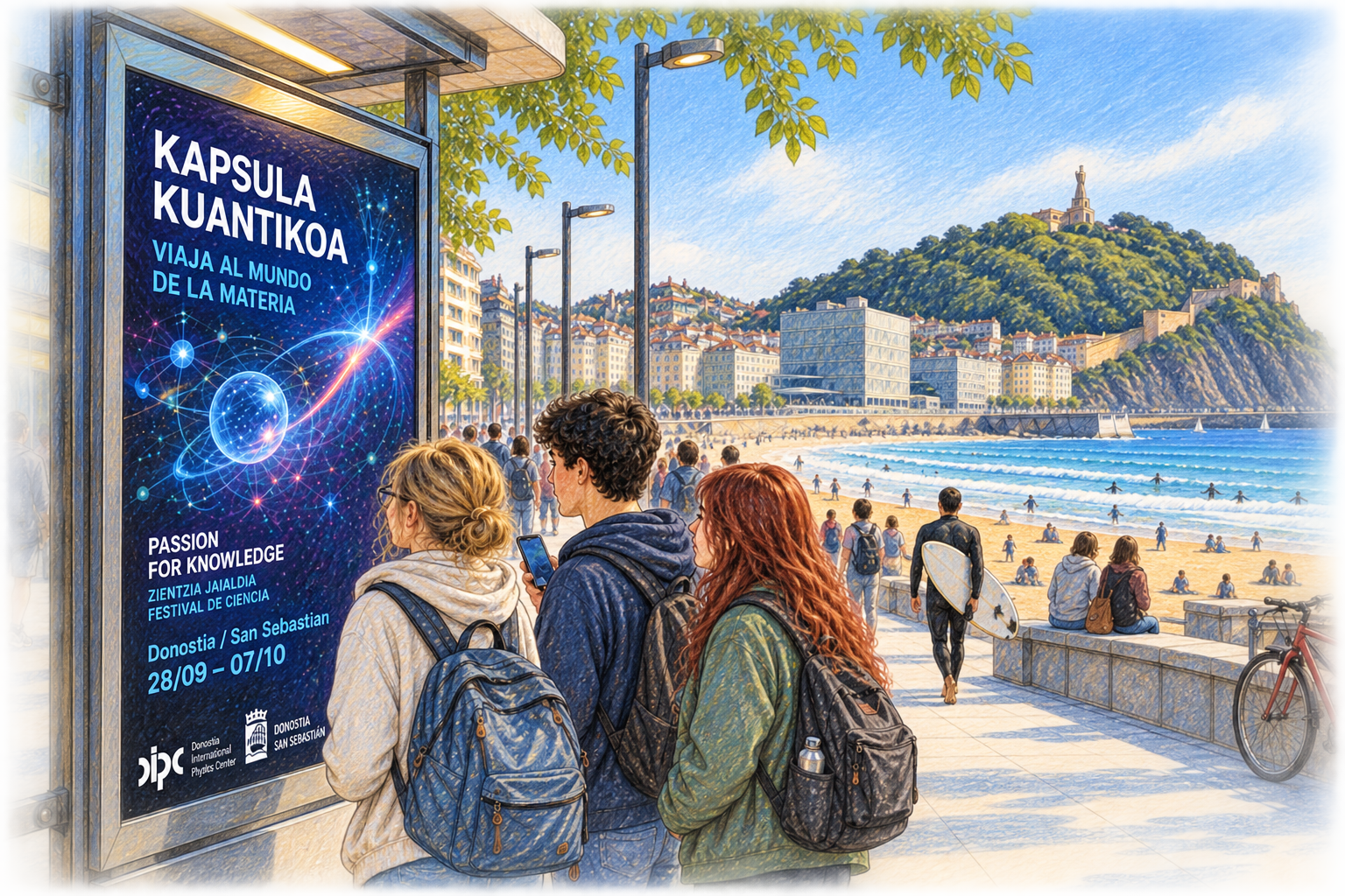 Drei junge Menschen betrachten an der Strandpromenade von Donostia-San Sebastián ein Plakat der Kapsula Kuantikoa; dahinter liegen Zurriola-Strand, Meer und die Stadt.
