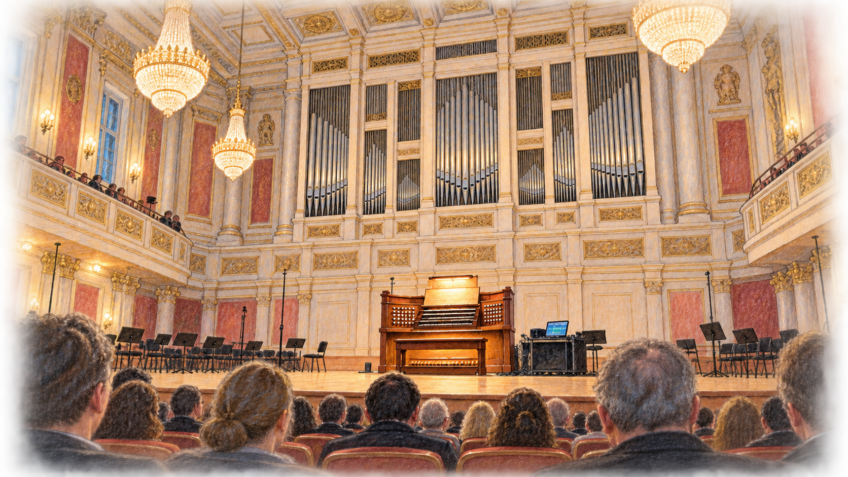 Blick aus dem Publikum auf die große Orgel eines Konzertsaals; der Spieltisch ist unbesetzt, daneben steht Computertechnik.