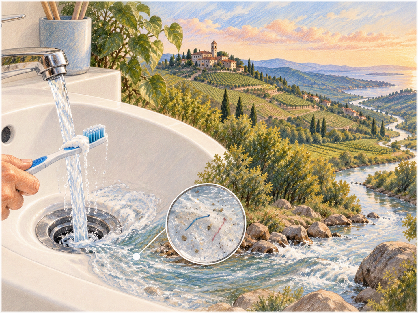 Eine Kunststoffzahnbürste wird unter einem Wasserhahn ausgespült; das Wasser aus dem Waschbecken geht zeichnerisch in einen Fluss durch die Landschaft über. Eine Vergrößerung zeigt winzige Kunststofffasern und -fragmente im Wasser.