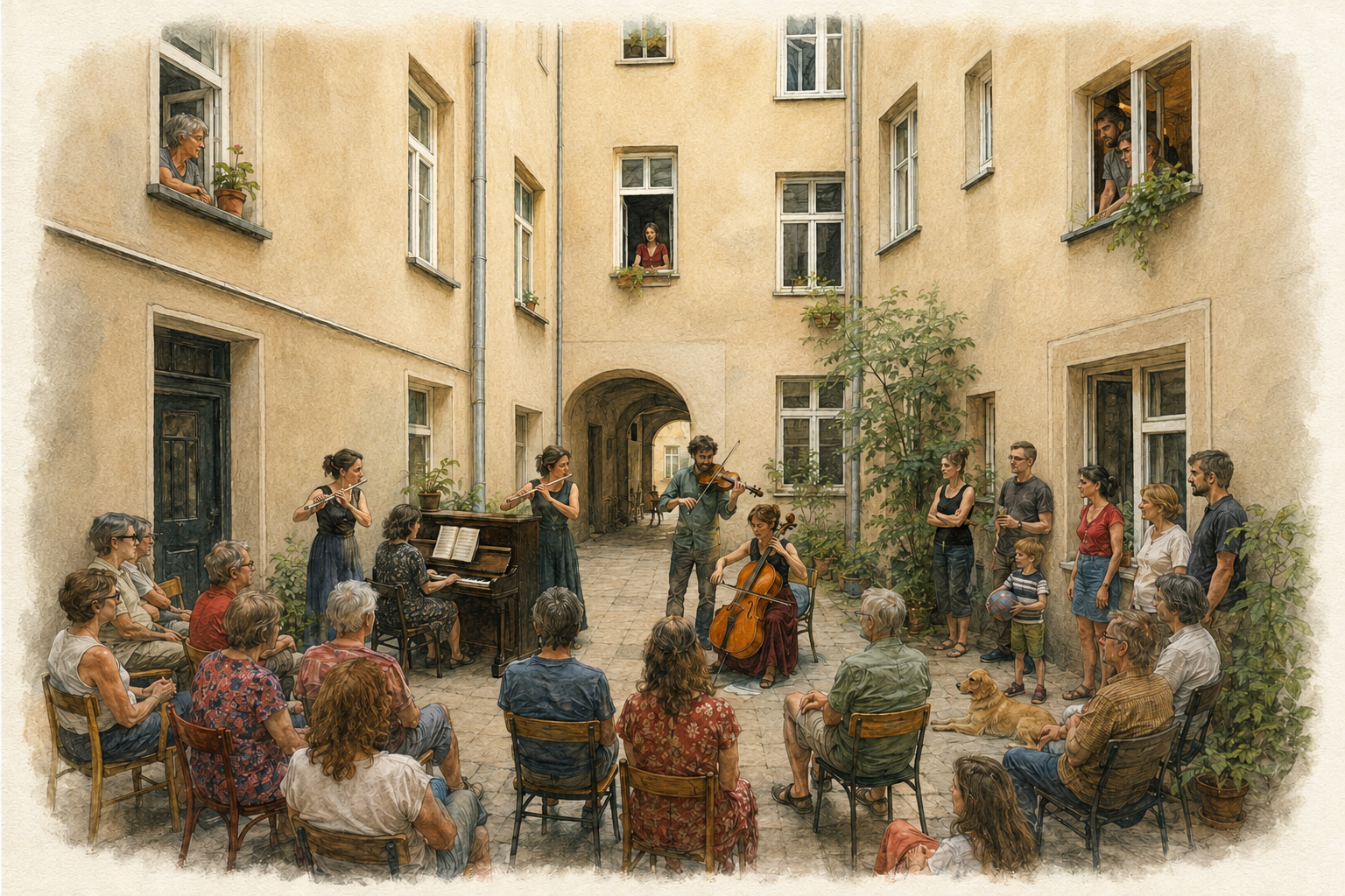 Illustration eines Kammerkonzerts in einem bewohnten Warschauer Innenhof; Musiker spielen zwischen ausgebesserten Hauswänden, während Bewohner auf Stühlen, an Fenstern und auf Balkonen zuhören.