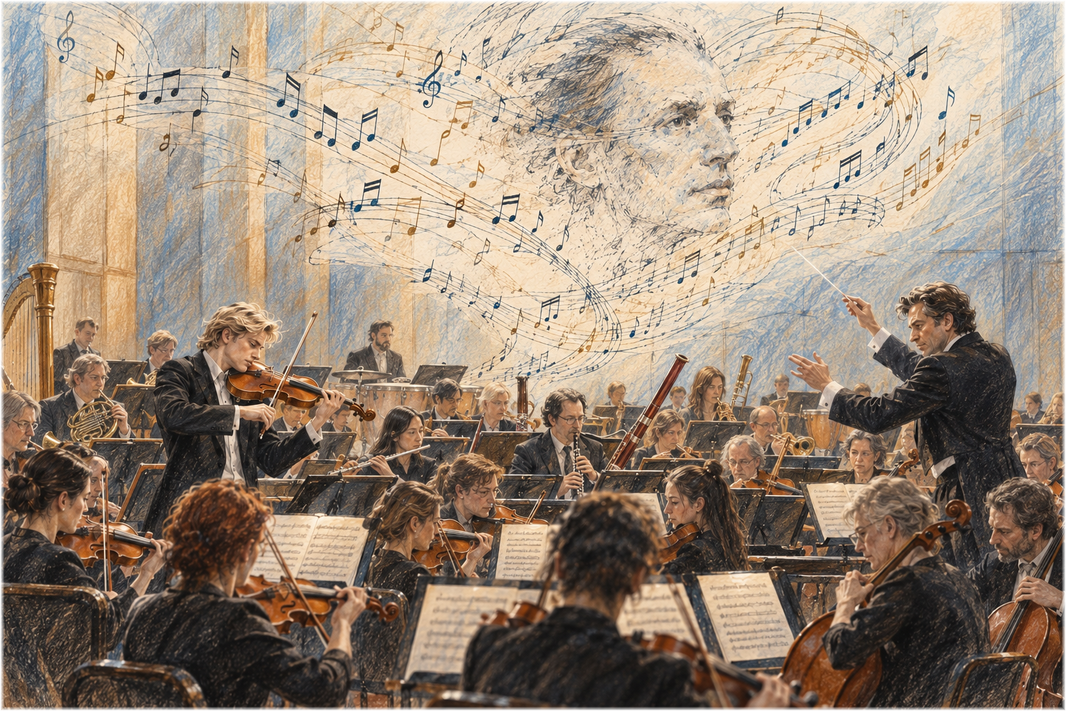 Ein großes Orchester spielt im Konzertsaal. Links steht ein junger Geiger, rechts dirigiert ein Dirigent. Aus dem Orchester steigen geschwungene Notenlinien auf und formen nur andeutungsweise das blasse Porträt Eduard Tubins.