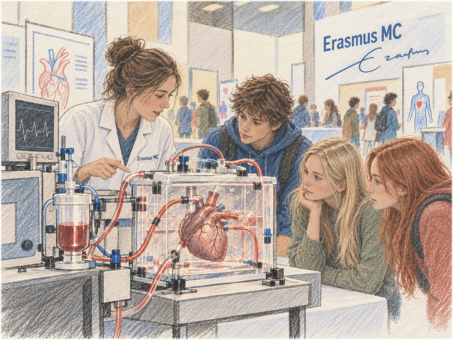 Junge Besucher beobachten gemeinsam mit einer Wissenschaftlerin ein Herz in einer transparenten Perfusionskammer. Schläuche verbinden das Organ mit Pumpen, Behältern und einem Monitor.