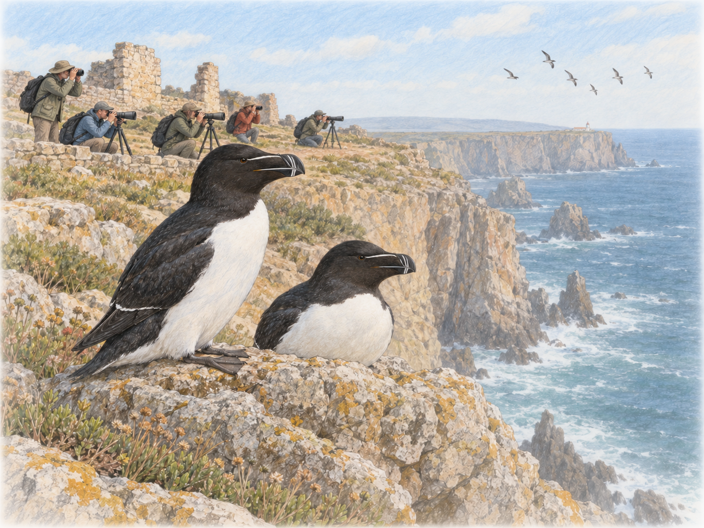 Buntstiftillustration der Felsküste von Sagres: Im Vordergrund sitzen zwei schwarz-weiße Tordalke auf einem Felsen. Im Hintergrund beobachten mehrere Menschen mit Ferngläsern, Kameras und Stativen die Vogelwelt; zwischen ihnen sind alte Mauerreste zu sehen, dahinter der Atlantik und weitere Vögel am Himmel.