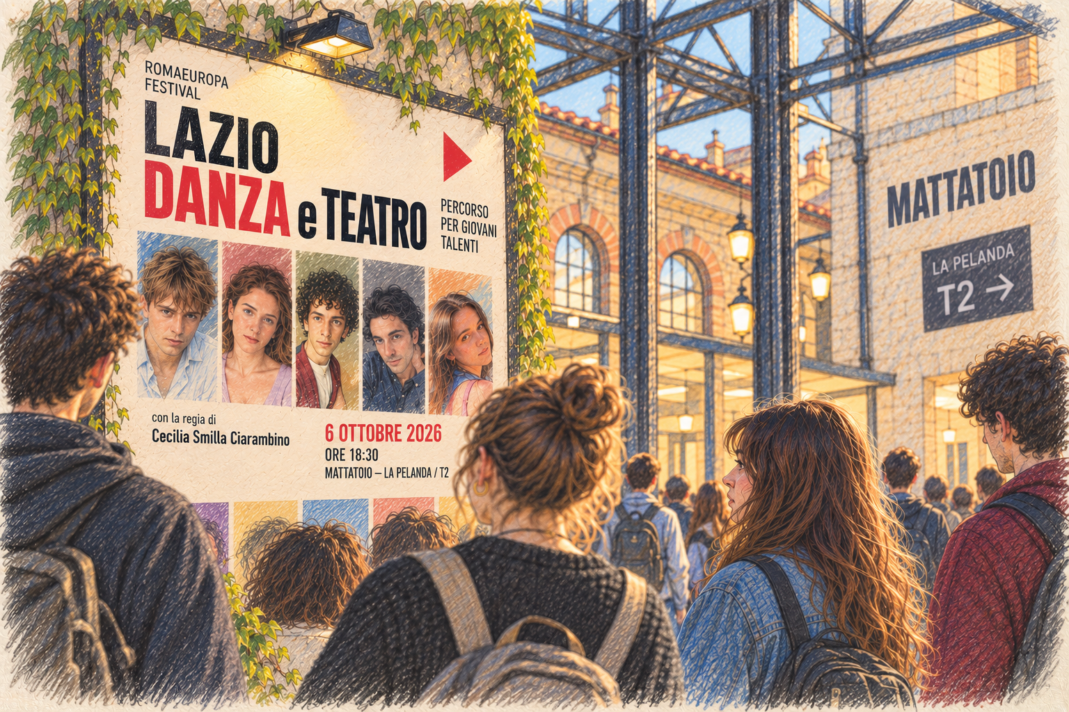 Gezeichnete Szene vor dem Mattatoio in Rom. Junge Besucher betrachten ein Plakat zu „Lazio Danza e Teatro“ mit fünf sichtbaren Porträts; eine zweite Porträtreihe wird von den Betrachtern verdeckt.